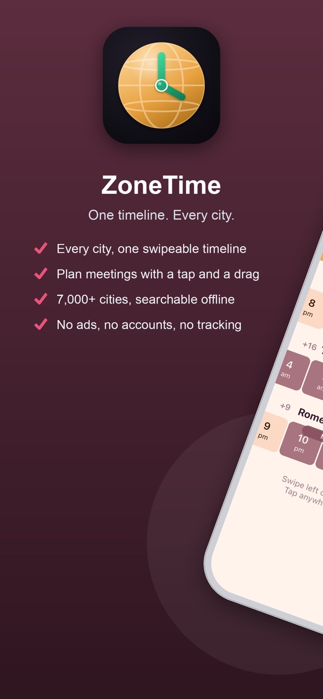 ZoneTime — one timeline, every city, with 7,000+ cities searchable offline