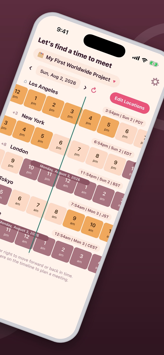 Timeline showing five cities' local time with a meeting window highlighted