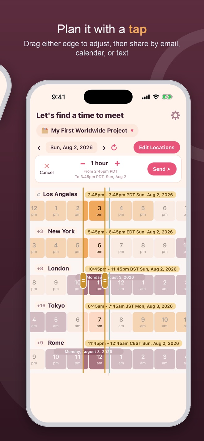 Planning a meeting with a tap — drag either edge to adjust, then share by email, calendar, or text