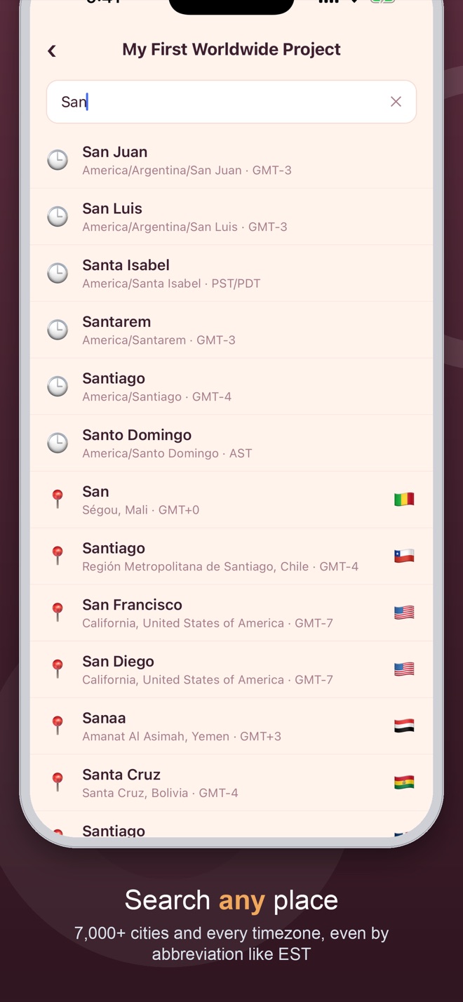 Searching for a city or timezone abbreviation, like EST