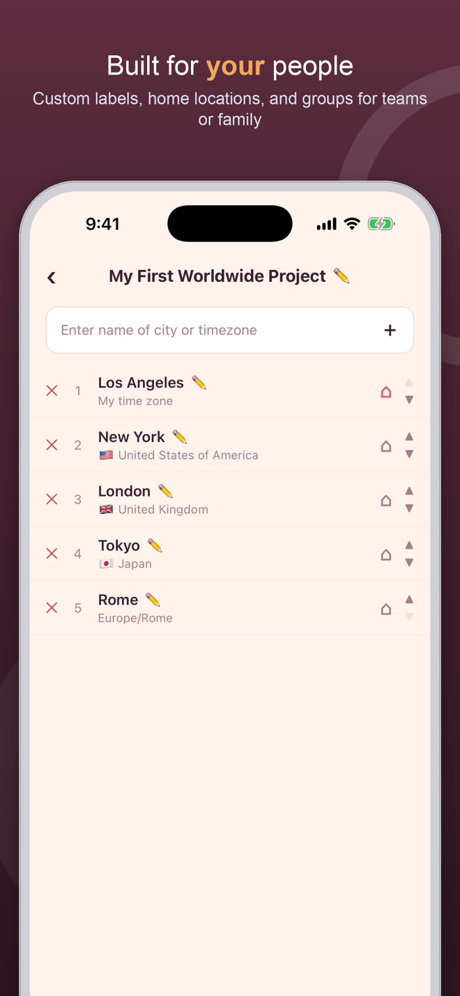 Editing a group — reordering cities, renaming labels, and setting a home city