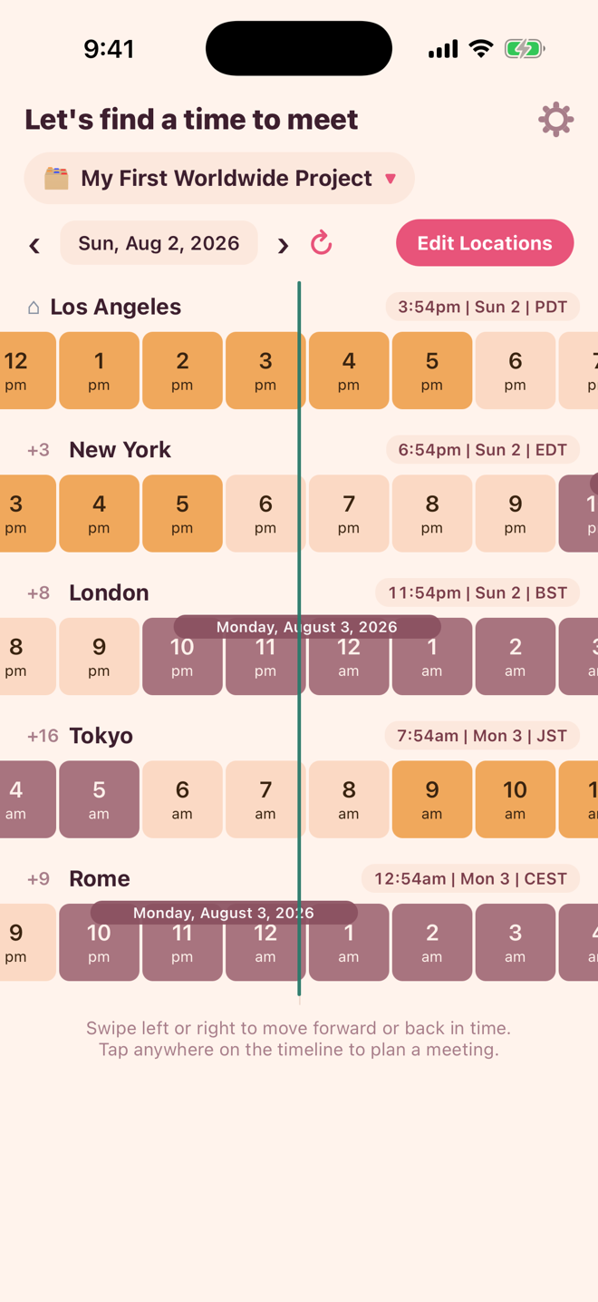 ZoneTime timeline showing five cities' local time color-coded by work, awake, and night hours